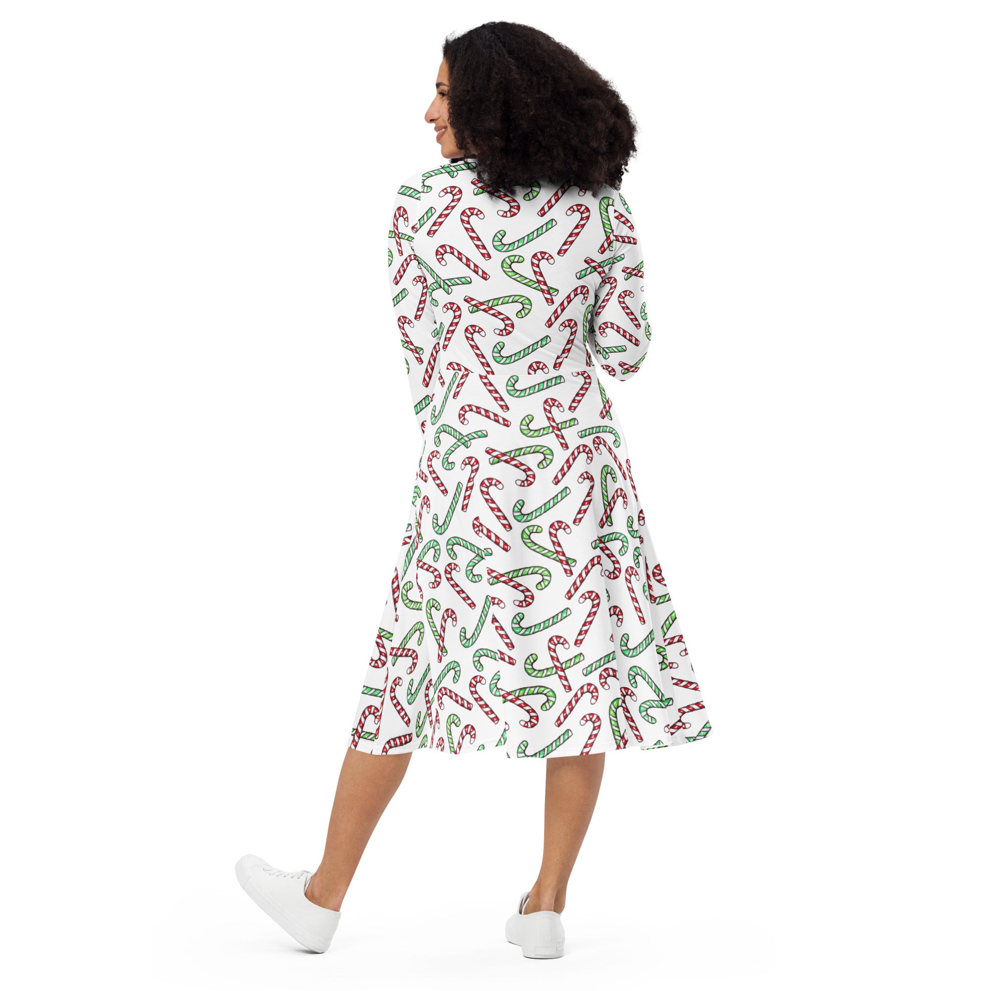 Women's Red & Green Candy Cane Christmas Long Sleeve Midi Dress With Pockets