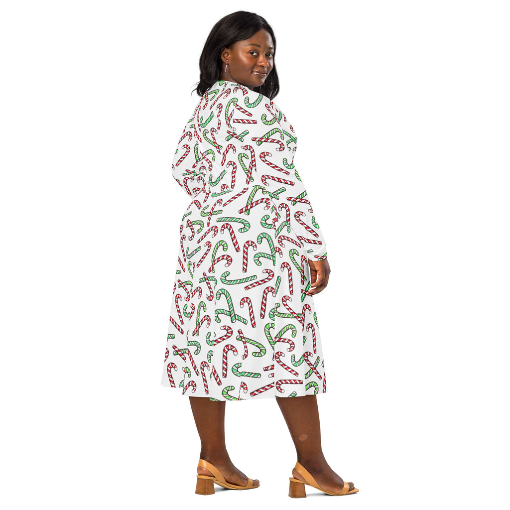 Women's Red & Green Candy Cane Christmas Long Sleeve Midi Dress With Pockets