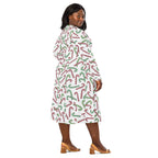 Women's Red & Green Candy Cane Christmas Long Sleeve Midi Dress With Pockets