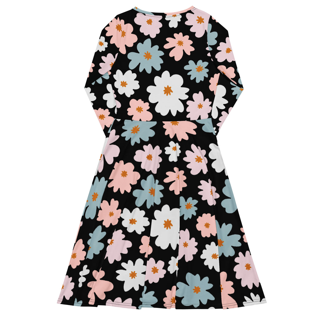 Women’s retro floral long sleeve midi dress with pockets in black featuring oversized pink white and blue blossoms