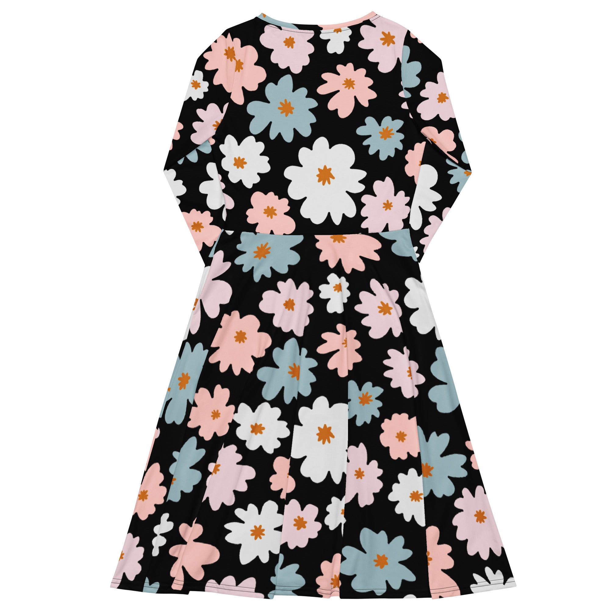 Women’s retro floral long sleeve midi dress with pockets in black featuring oversized pink white and blue blossoms