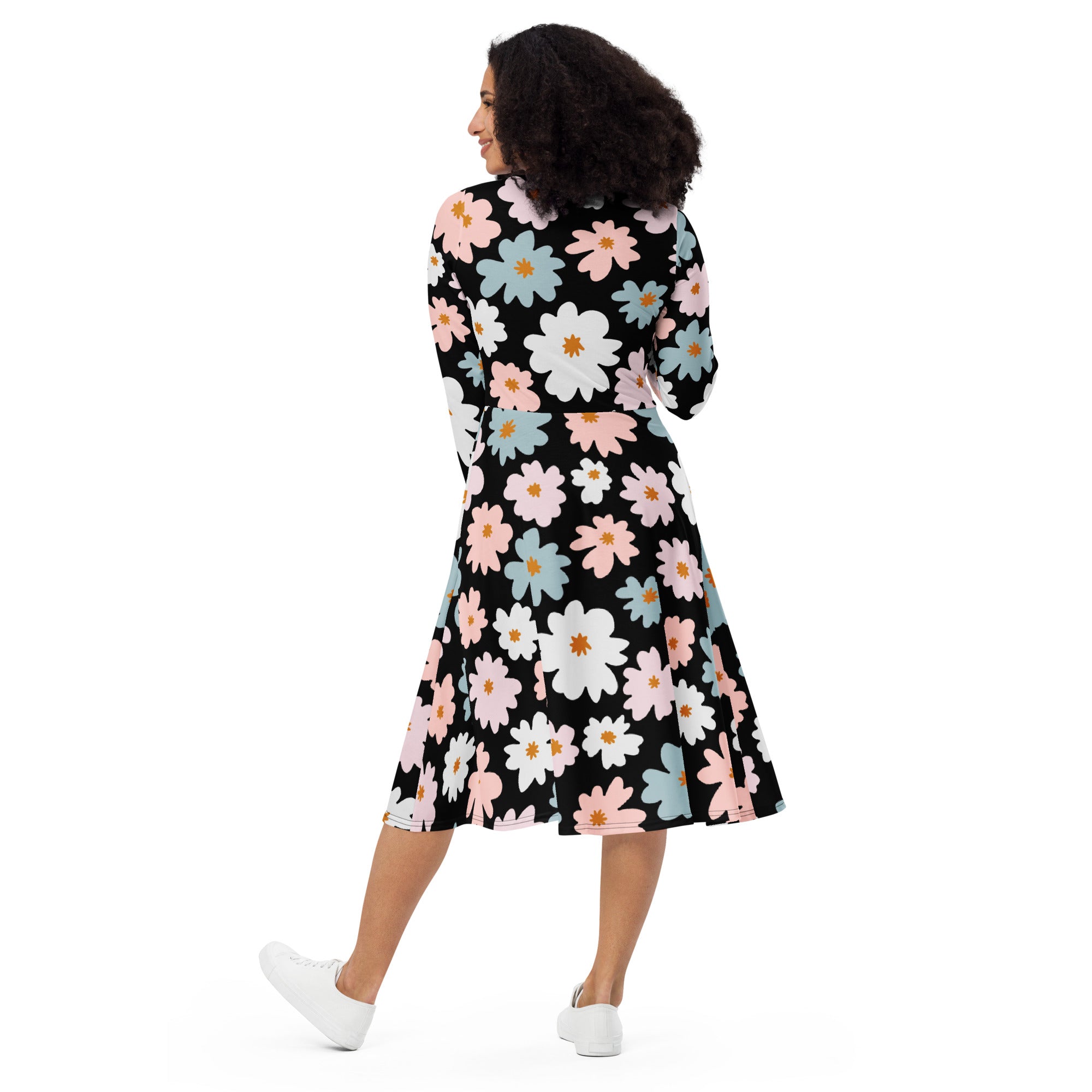 Women’s retro floral long sleeve midi wrap dress in black with vibrant pink white and blue daisy pattern and pockets