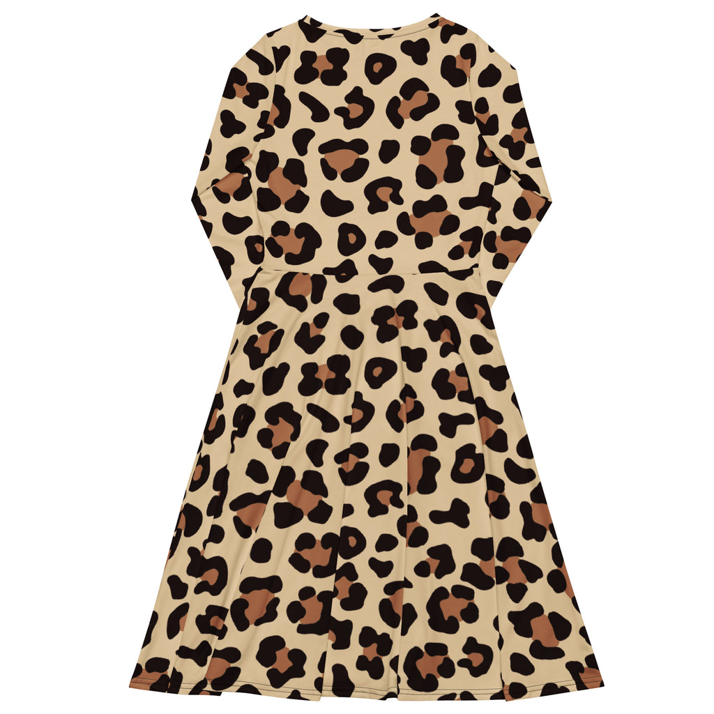 Women's Leopard Print Long Sleeve Midi Dress With Pockets