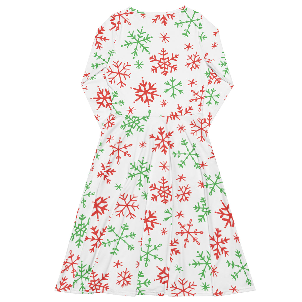Women’s white christmas-themed long sleeve midi dress with red and green snowflake pattern and pockets
