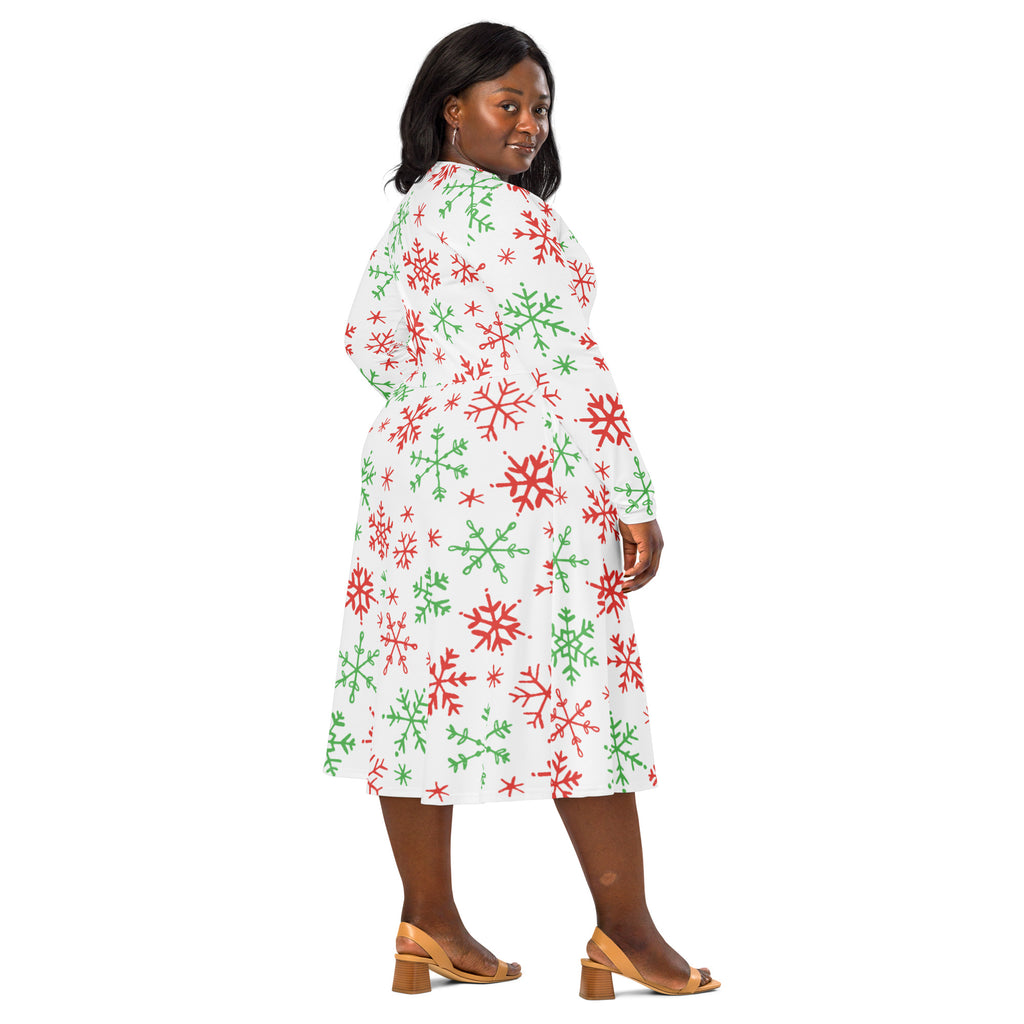 Women’s red and green snowflake long sleeve midi dress with pockets in festive white fabric for Christmas wear