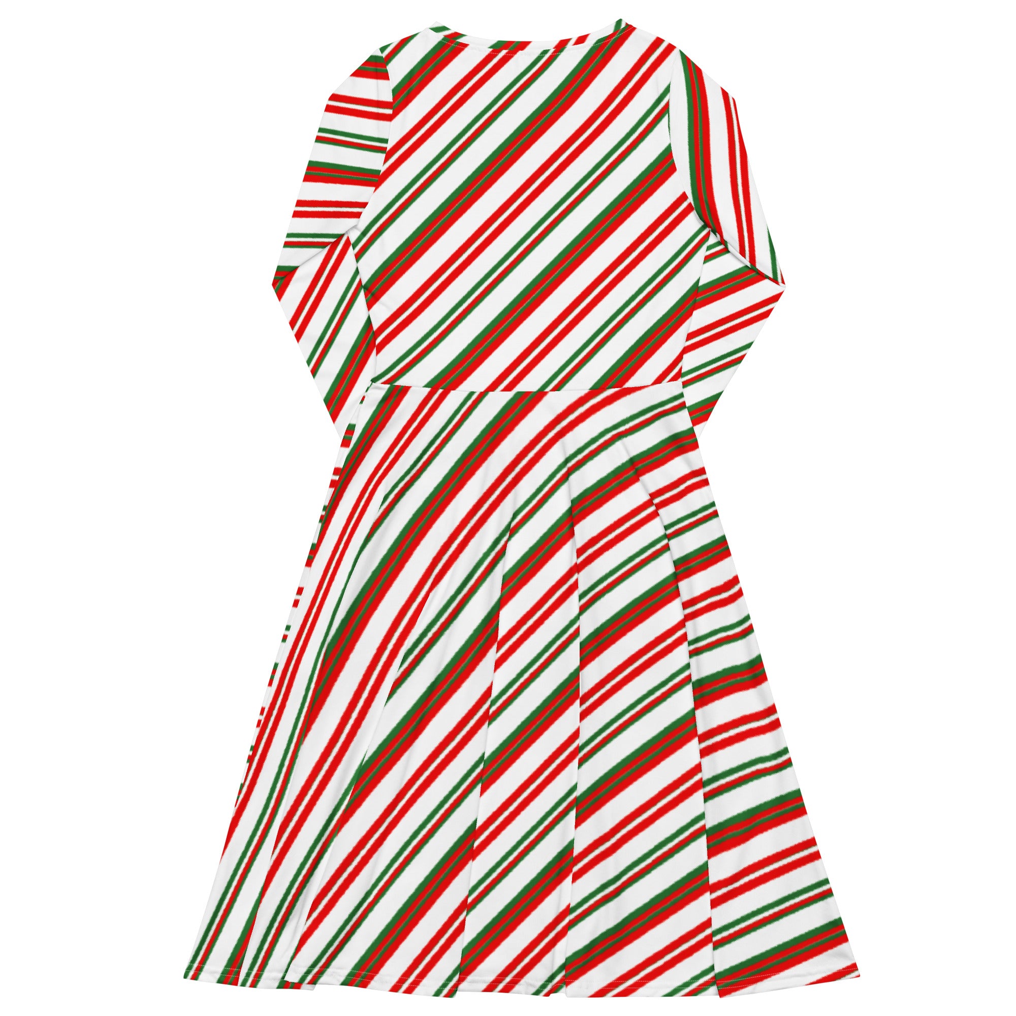 Women’s candy cane stripe long sleeve midi dress with pockets featuring festive red green and white diagonal stripes
