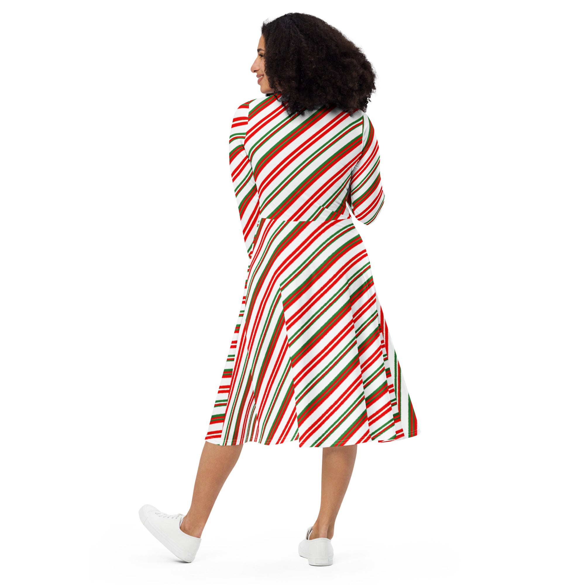 Women’s candy cane stripe a-line midi dress with three-quarter sleeves in red green and white with pockets