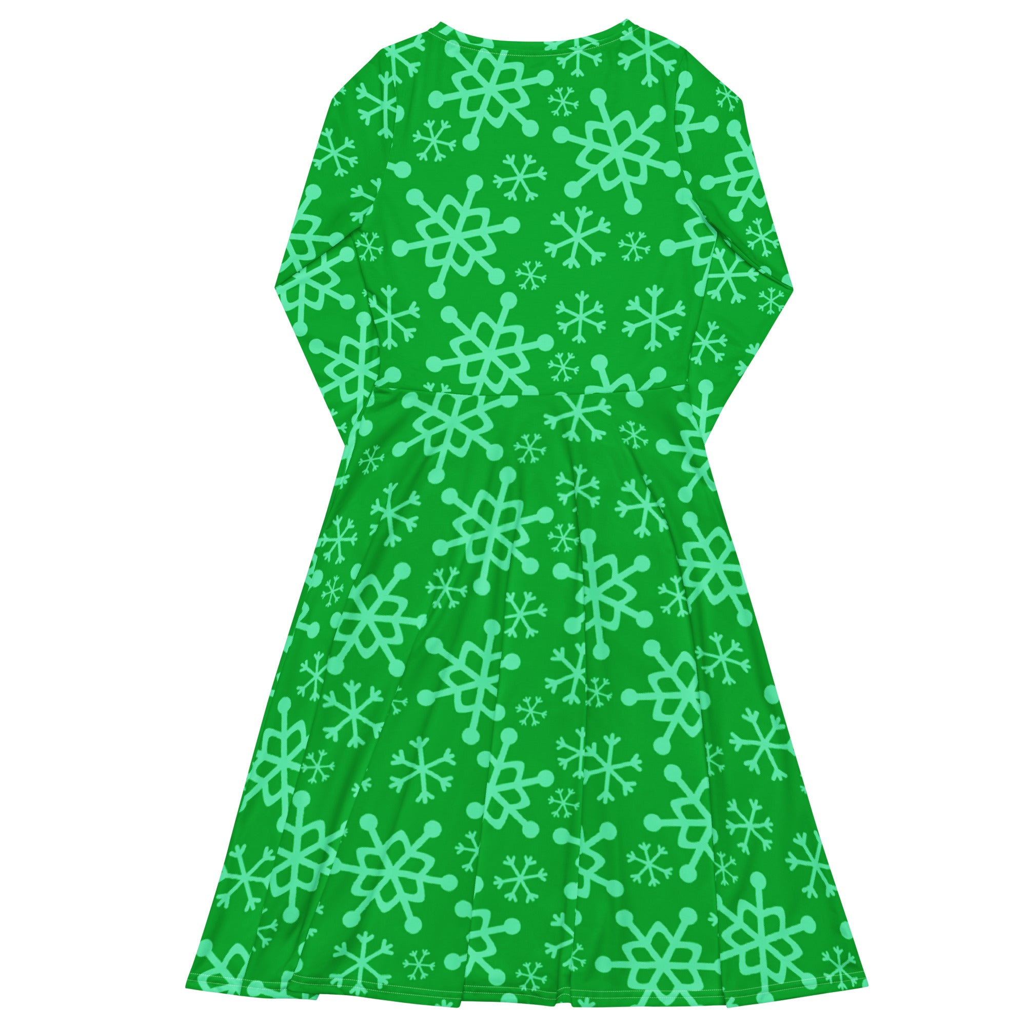 A vibrant green long-sleeved midi dress with light mint snowflake pattern and pockets for women