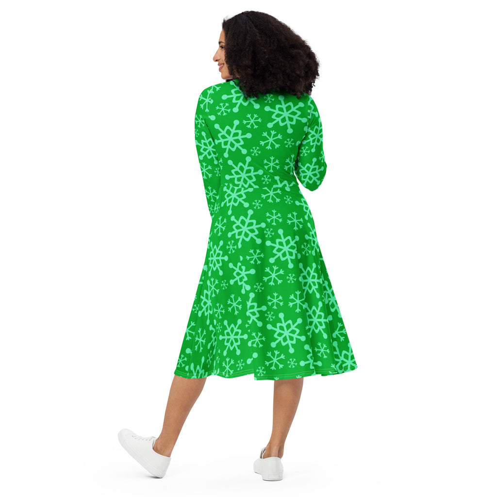Women’s green a-line midi dress with long sleeves light mint snowflake pattern flattering fit and pockets