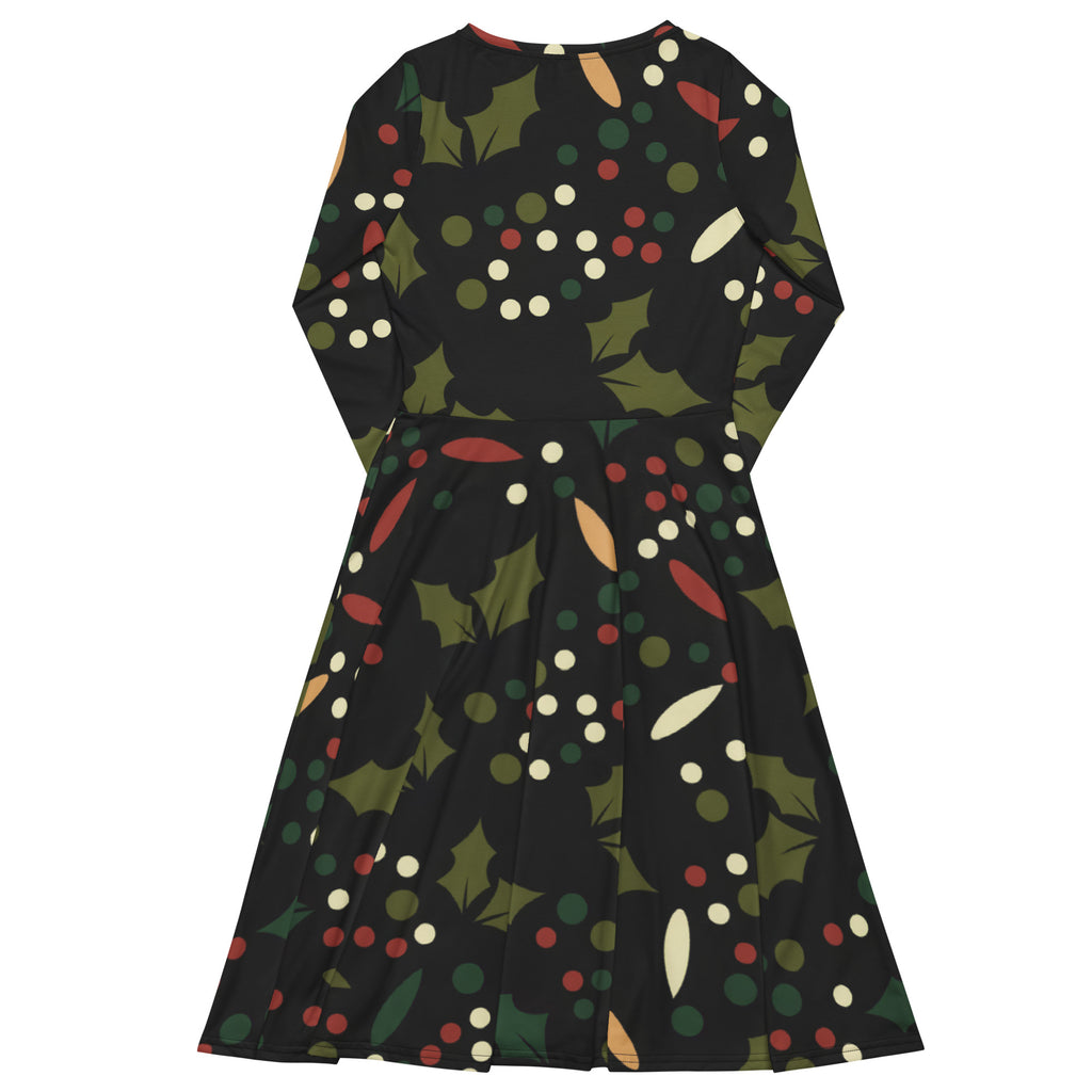 Women’s dark holly berry long sleeve midi dress with festive green holly leaves red and white berries and pockets
