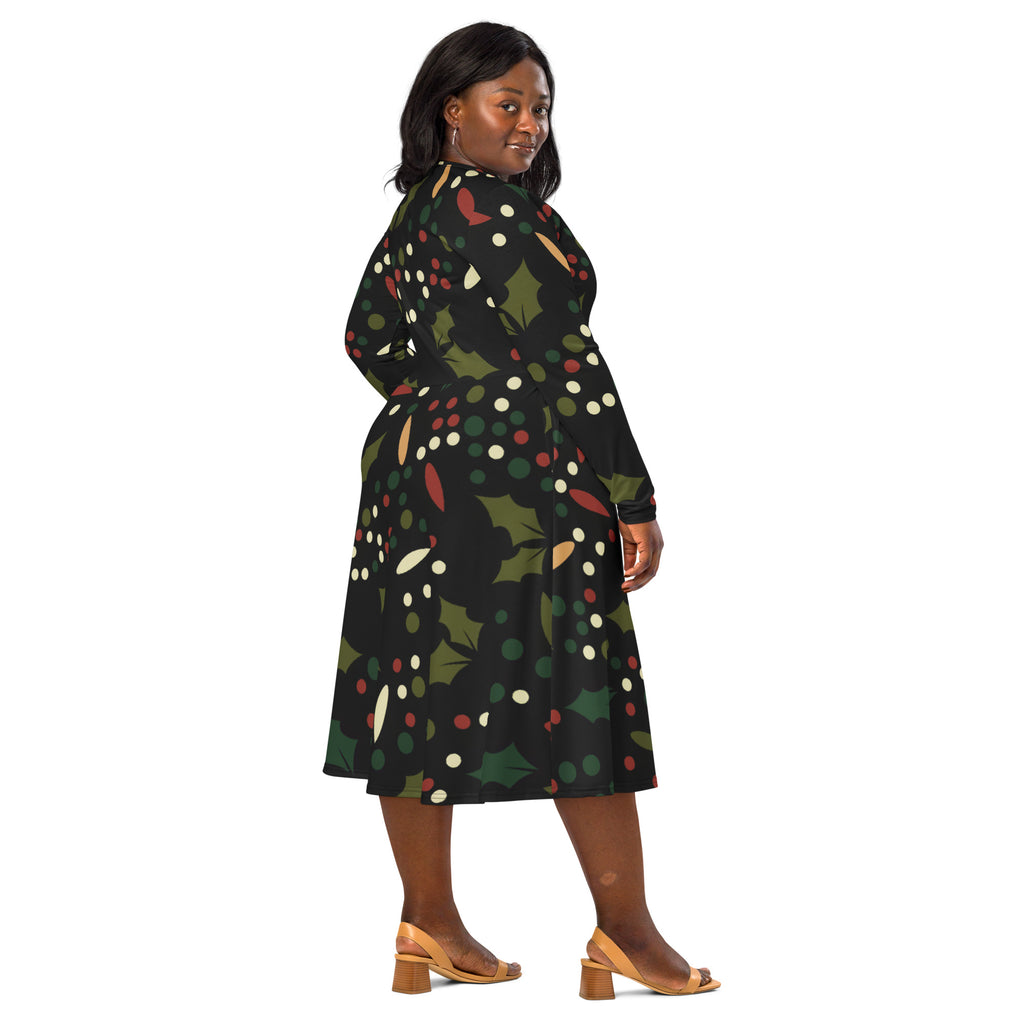 Women’s dark holly berry long sleeve midi wrap dress with pockets featuring a festive pattern of holly leaves and gold accents