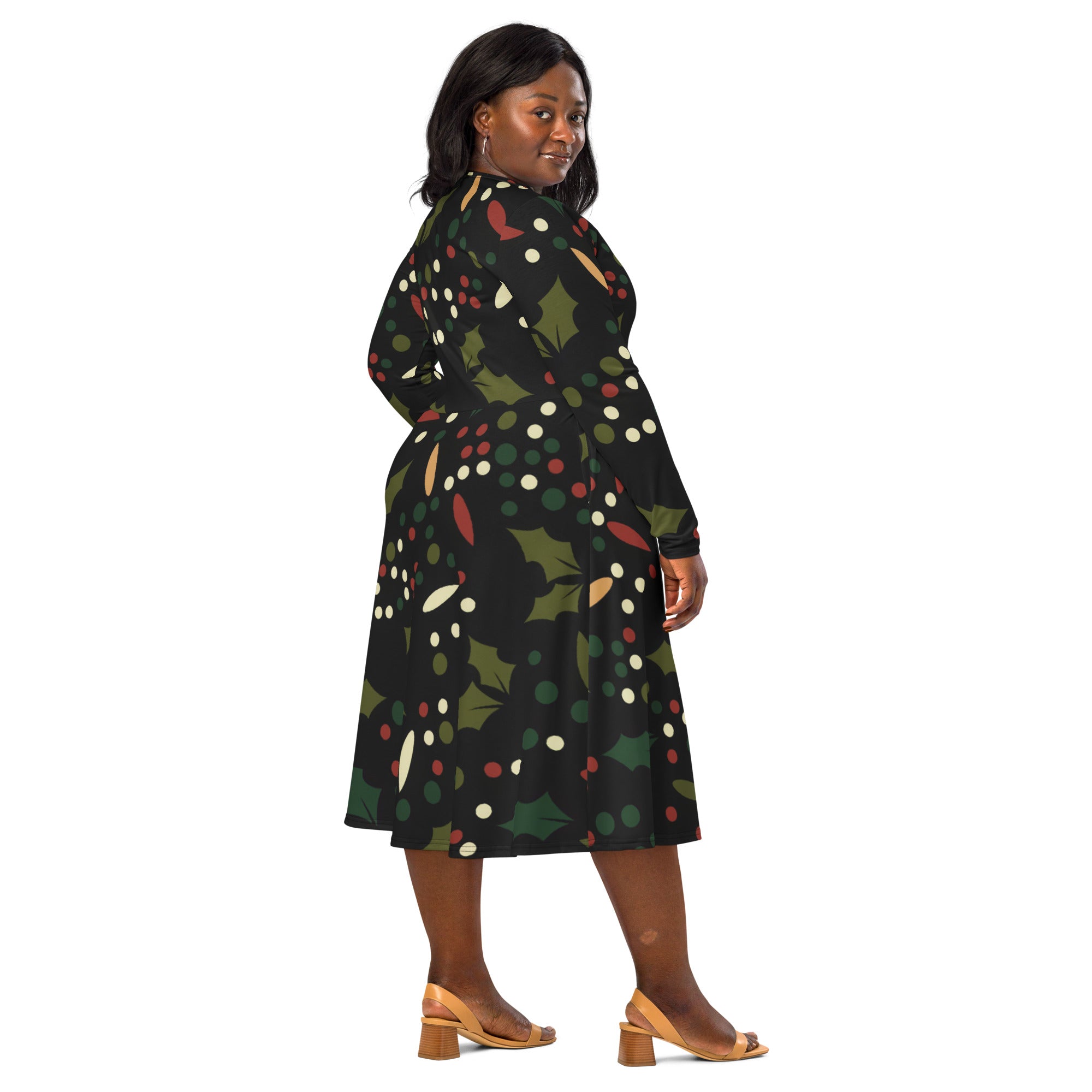 Women’s dark holly berry long sleeve midi wrap dress with pockets featuring a festive pattern of holly leaves and gold accents