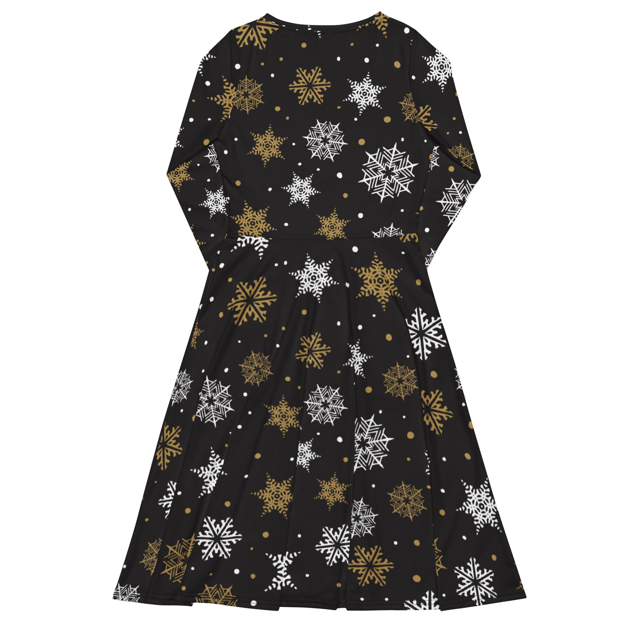 Black long sleeve midi dress with white and gold festive snowflake pattern and pockets for women