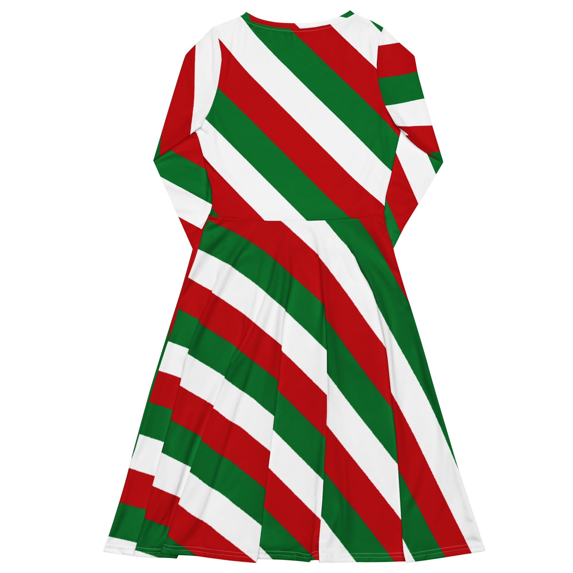 Women’s christmas candy cane stripe long sleeve midi dress with bold red green and white diagonal stripes and pockets