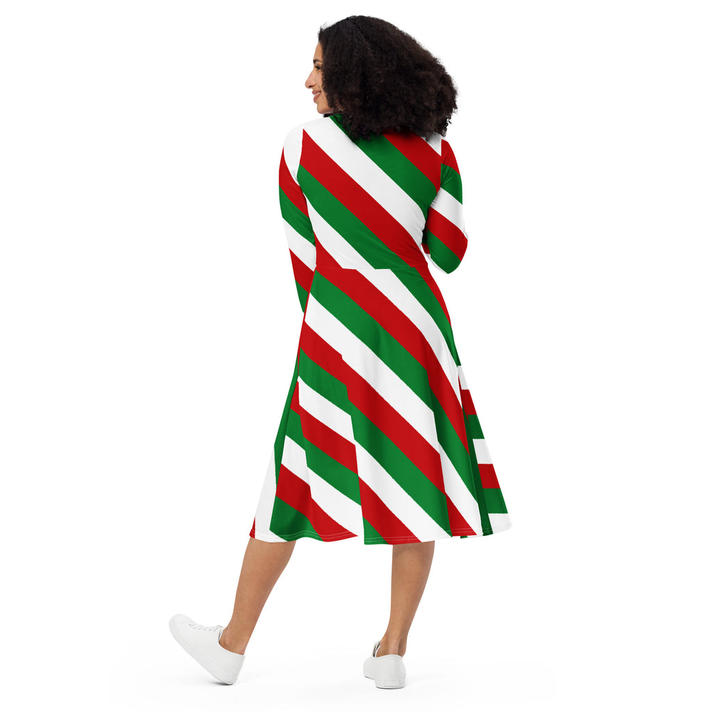 Women’s Christmas candy cane stripe long sleeve midi dress in festive red green and white with pockets and diagonal stripes