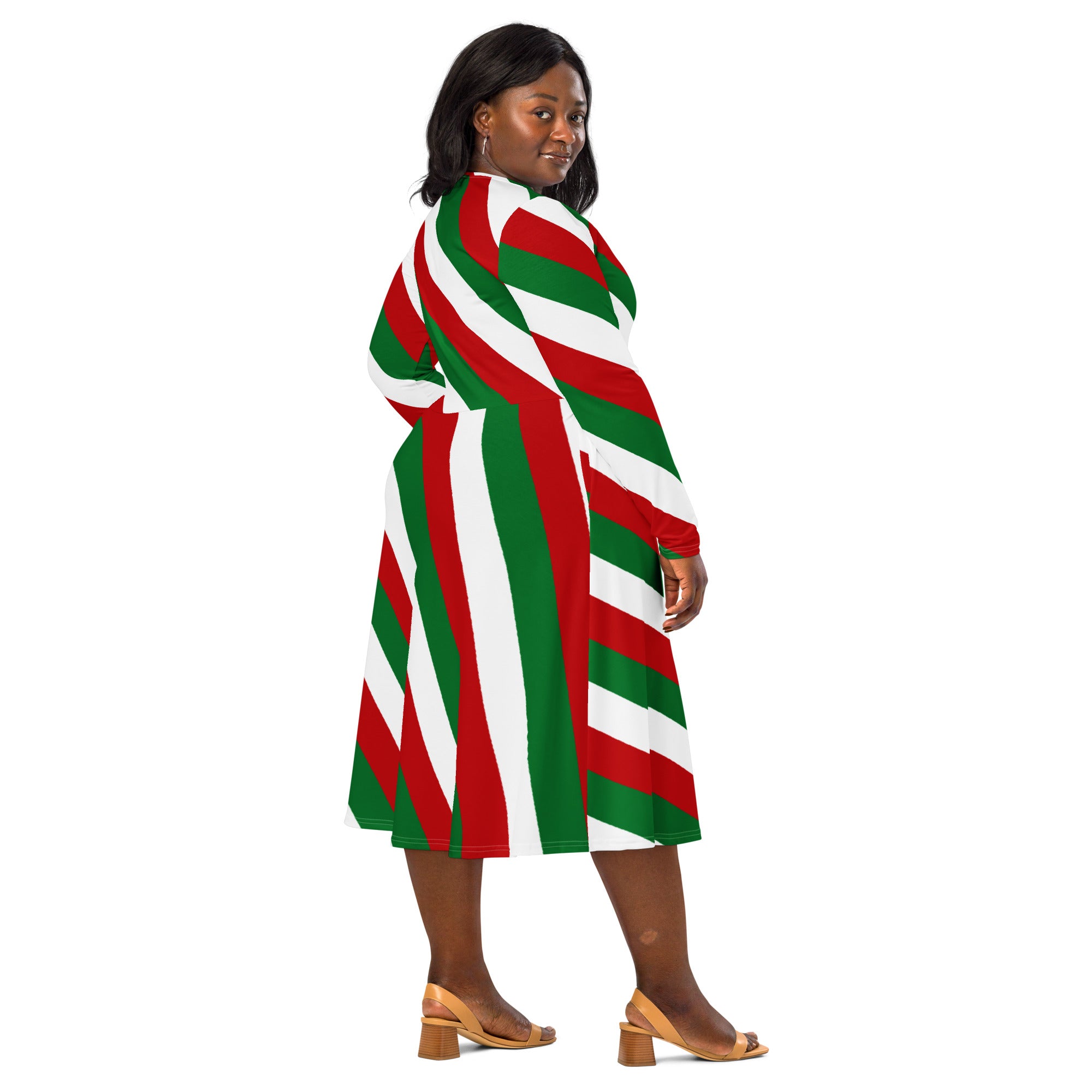 Women’s Christmas candy cane stripe long sleeve midi dress with pockets featuring bold red green and white diagonal stripes