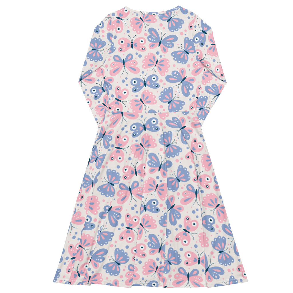 Women’s long sleeve midi dress with pockets featuring pink and blue cartoon butterflies on a soft cream background