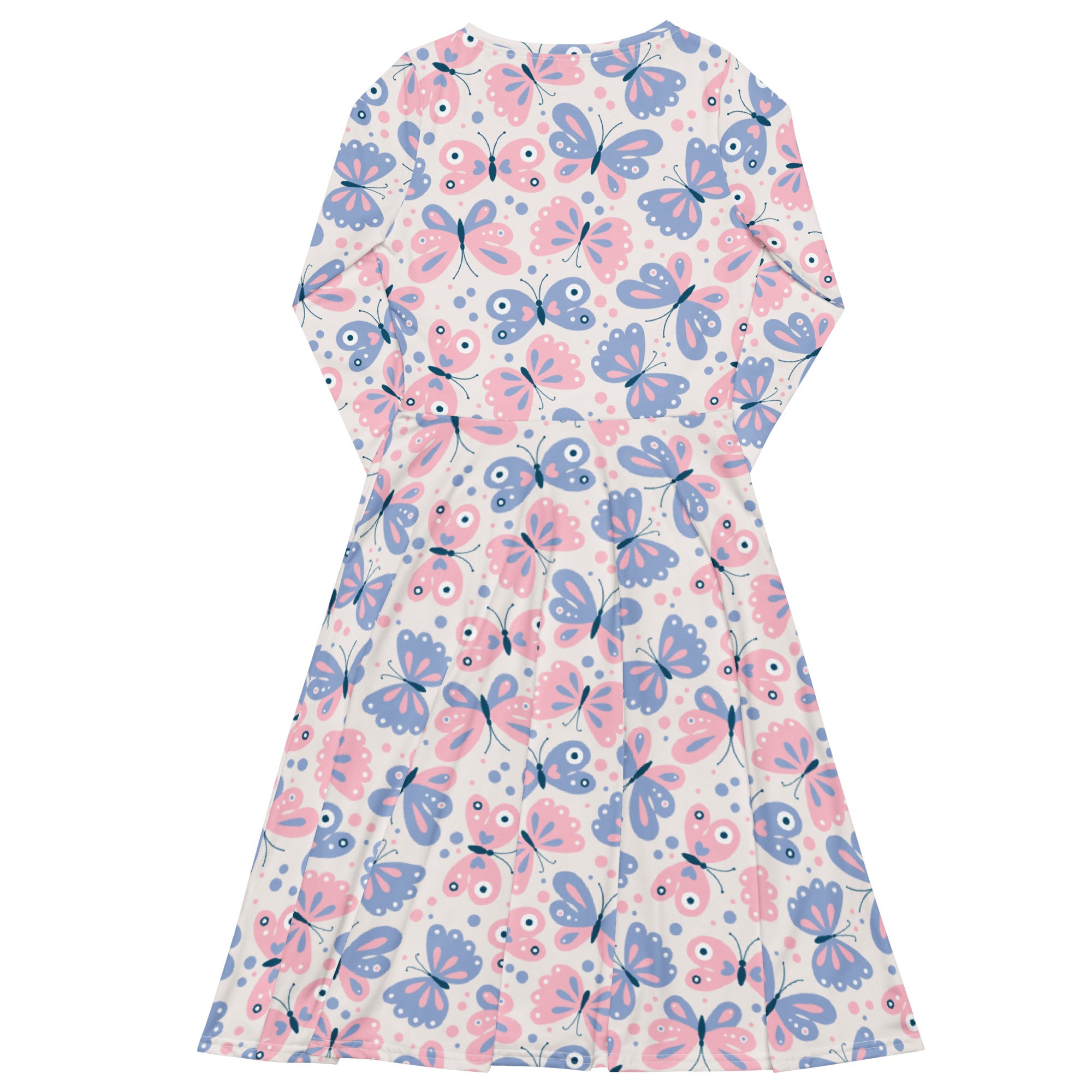 Women’s long sleeve midi dress with pockets featuring pink and blue cartoon butterflies on a soft cream background