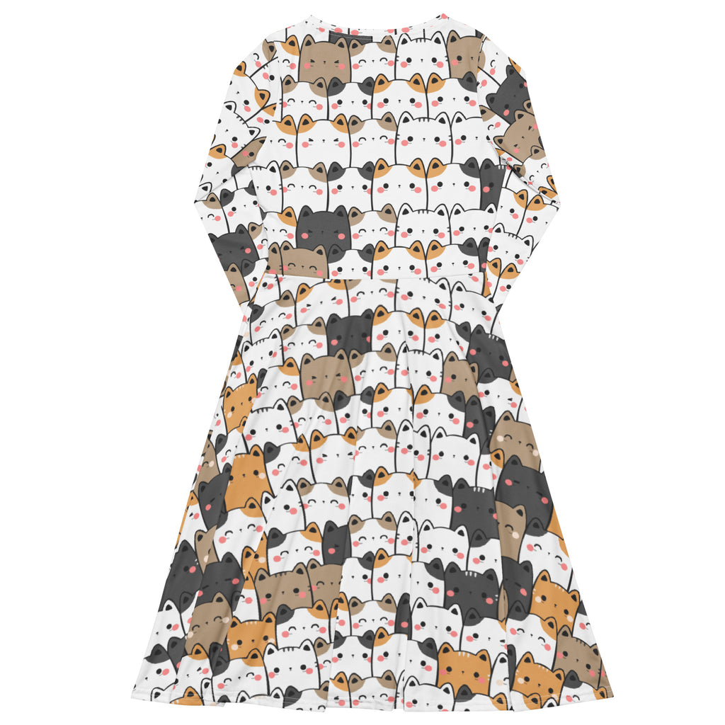 Women's Kawaii Cat Long Sleeve Midi Dress With Pockets
