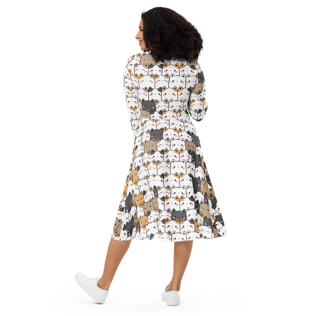 Women's Kawaii Cat Long Sleeve Midi Dress With Pockets
