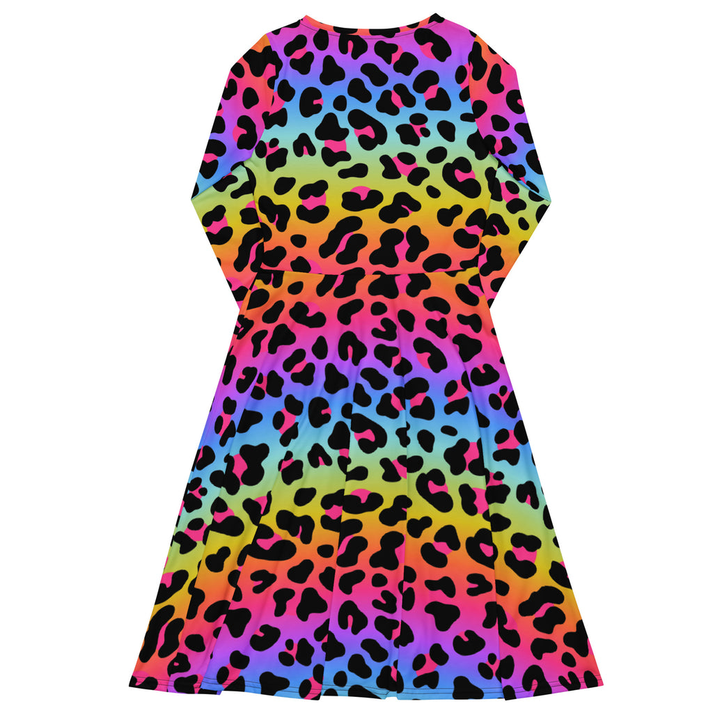 Women's Rainbow Leopard Long Sleeve Midi Dress With Pockets