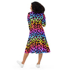 Women's Rainbow Leopard Long Sleeve Midi Dress With Pockets