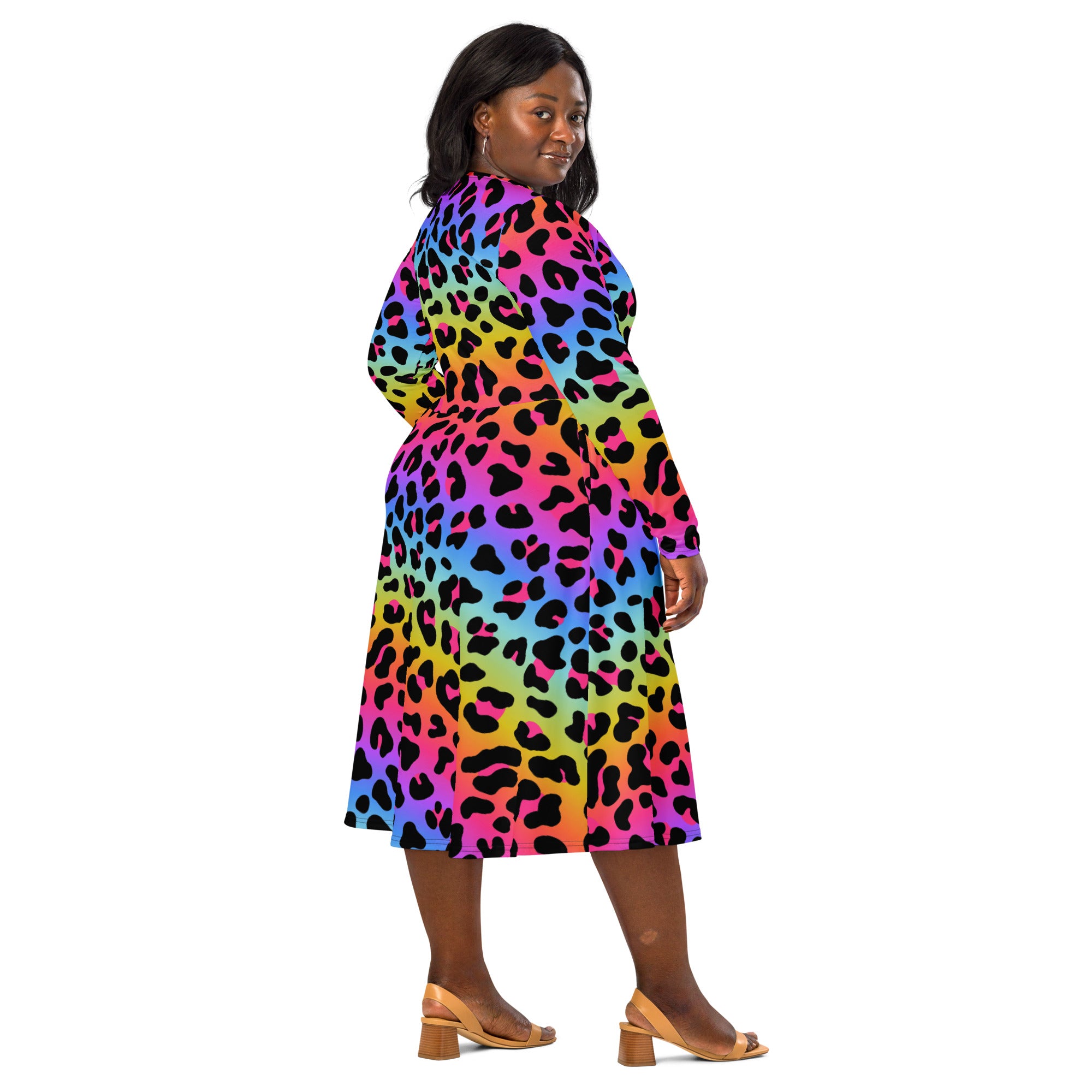 Women's Rainbow Leopard Long Sleeve Midi Dress With Pockets