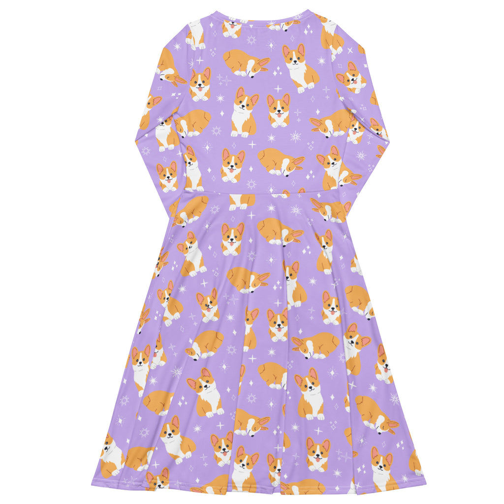Women's Purple Corgi Dog Long Sleeve Midi Dress With Pockets