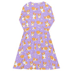 Women's Purple Corgi Dog Long Sleeve Midi Dress With Pockets