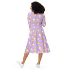 Women's Purple Corgi Dog Long Sleeve Midi Dress With Pockets