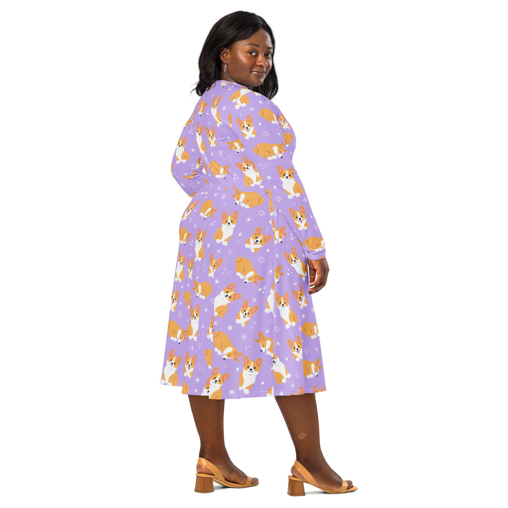 Women's Purple Corgi Dog Long Sleeve Midi Dress With Pockets