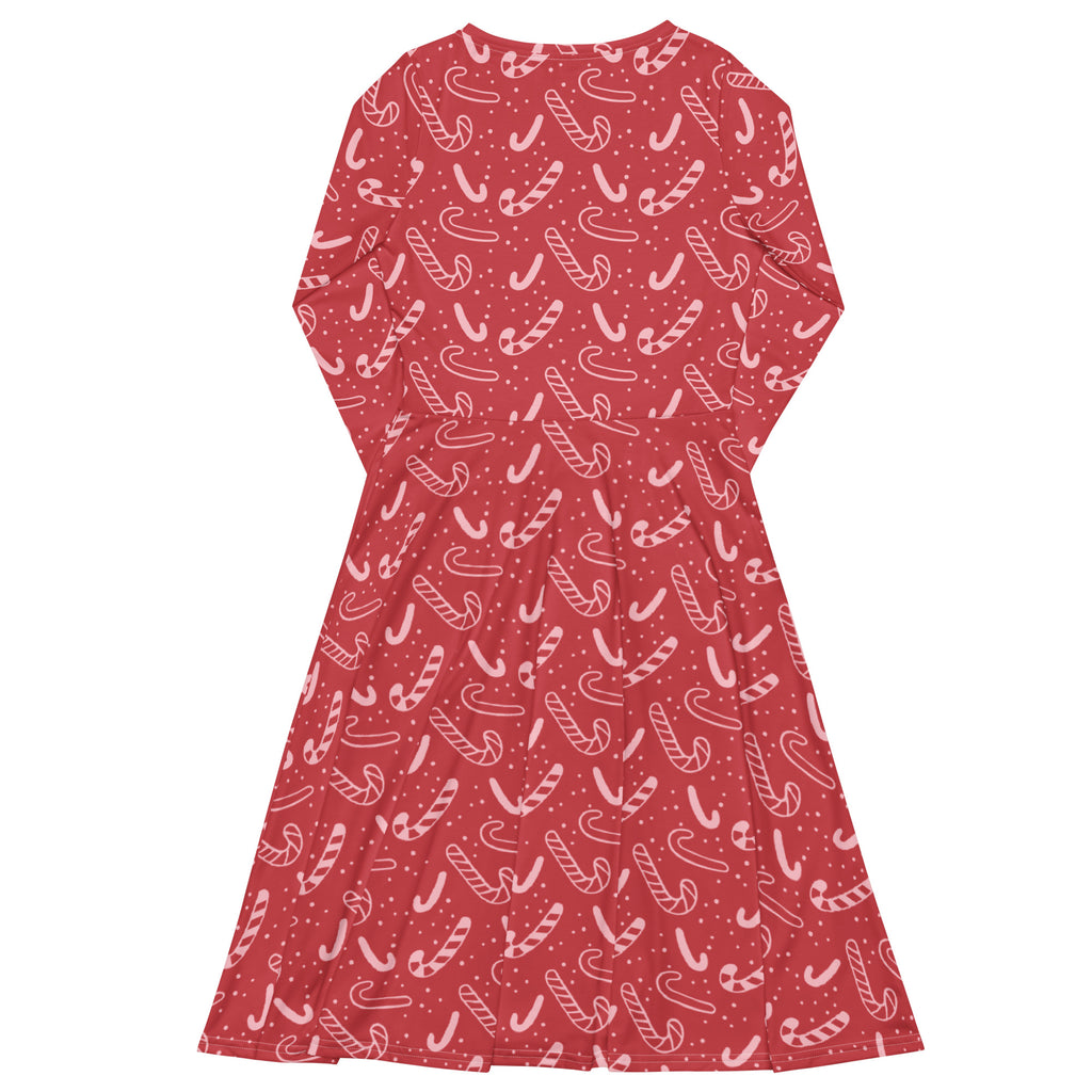 Women’s red candy cane christmas long sleeve midi dress with pockets featuring white candy cane pattern and dots
