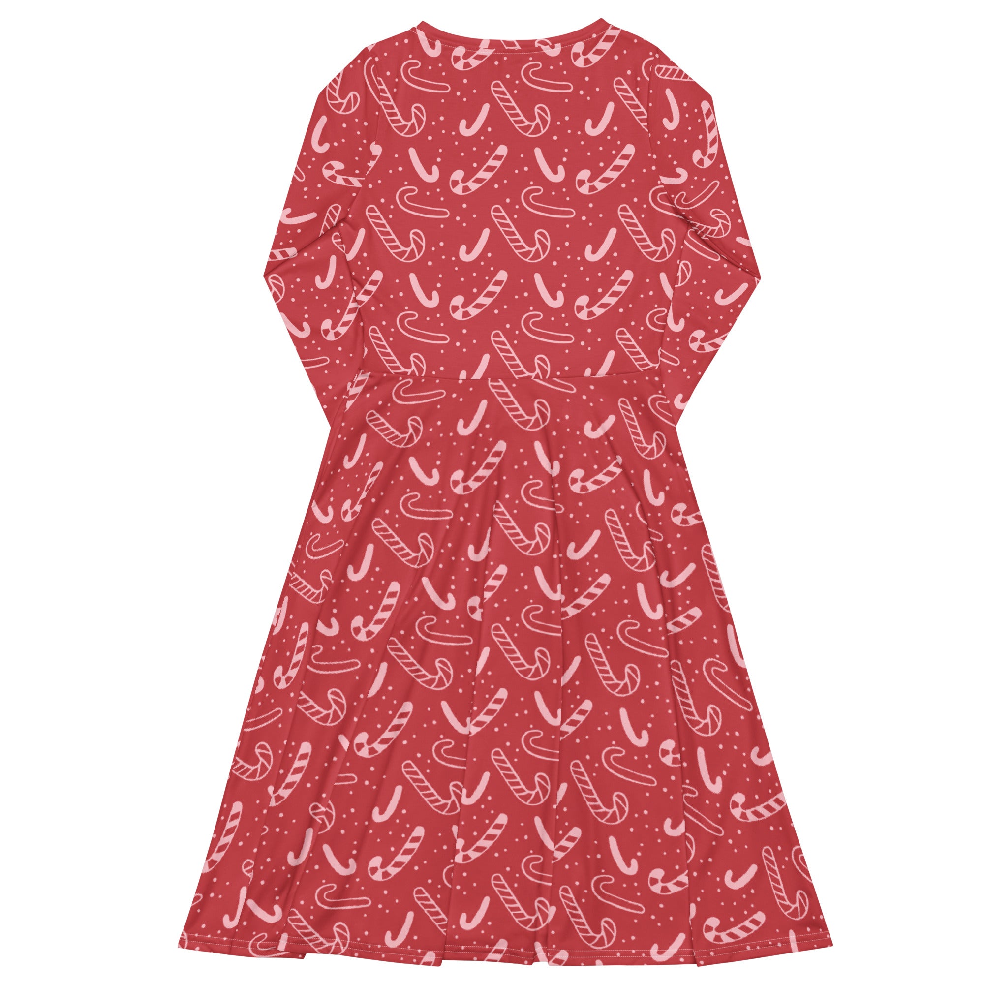 Women’s red candy cane christmas long sleeve midi dress with pockets featuring white candy cane pattern and dots