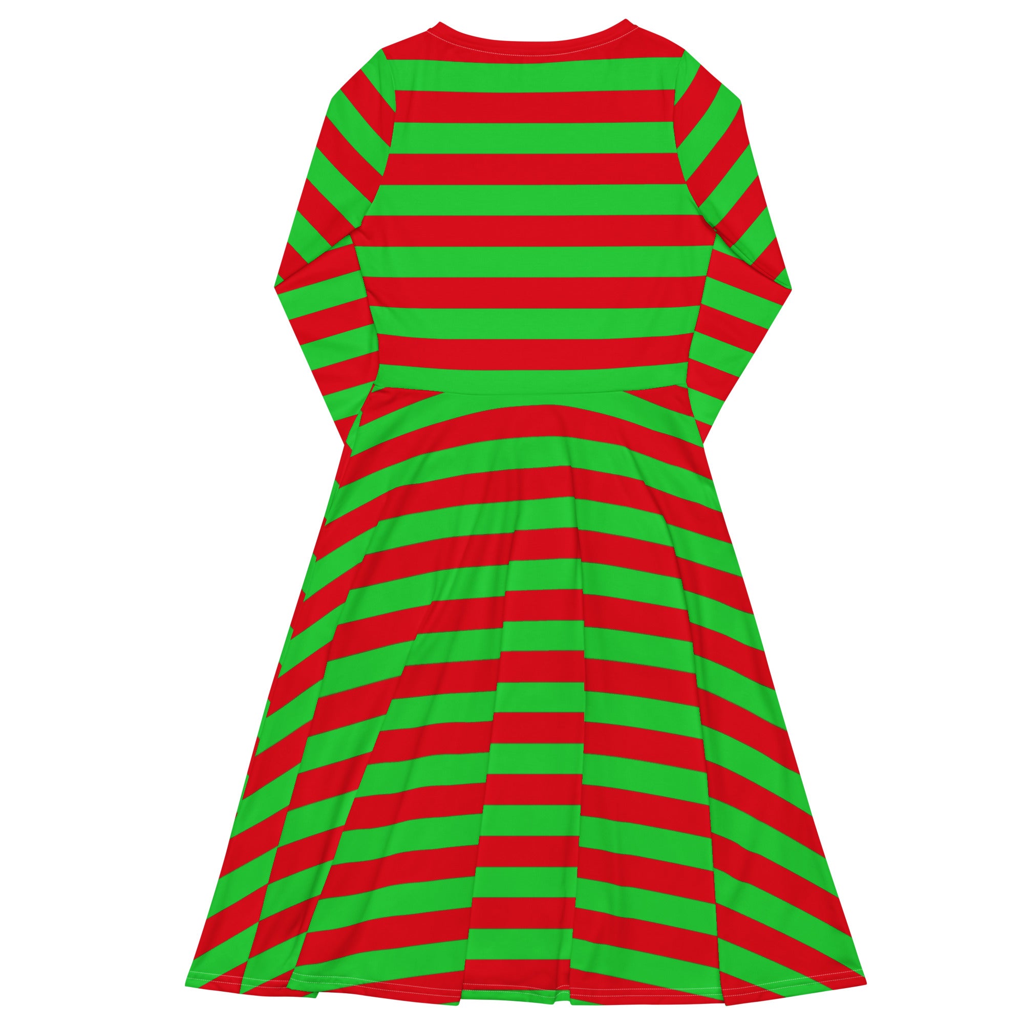 Women’s red and green long sleeve midi dress with pockets featuring festive horizontal stripes and a flared silhouette