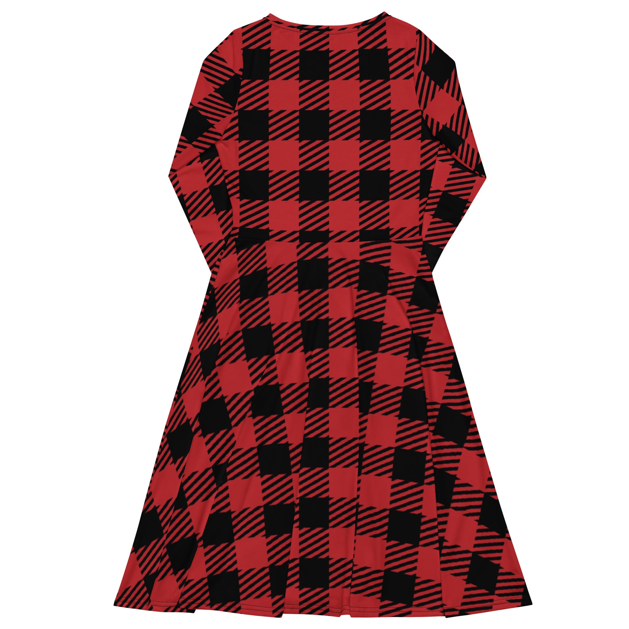 Women’s red buffalo plaid long sleeve midi dress with pockets featuring a flared skirt and cozy fabric