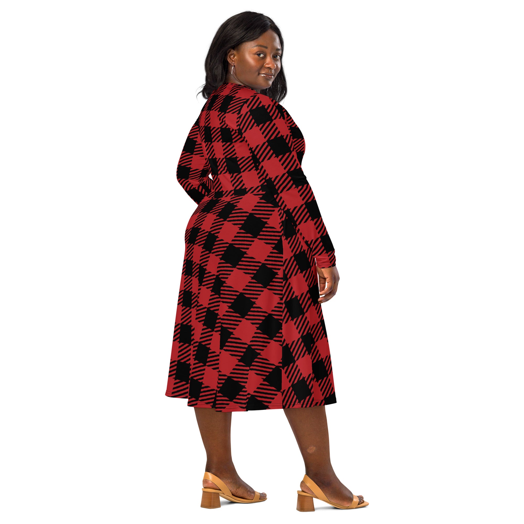 Women’s red buffalo plaid long sleeve midi wrap dress with pockets in red and black plaid pattern