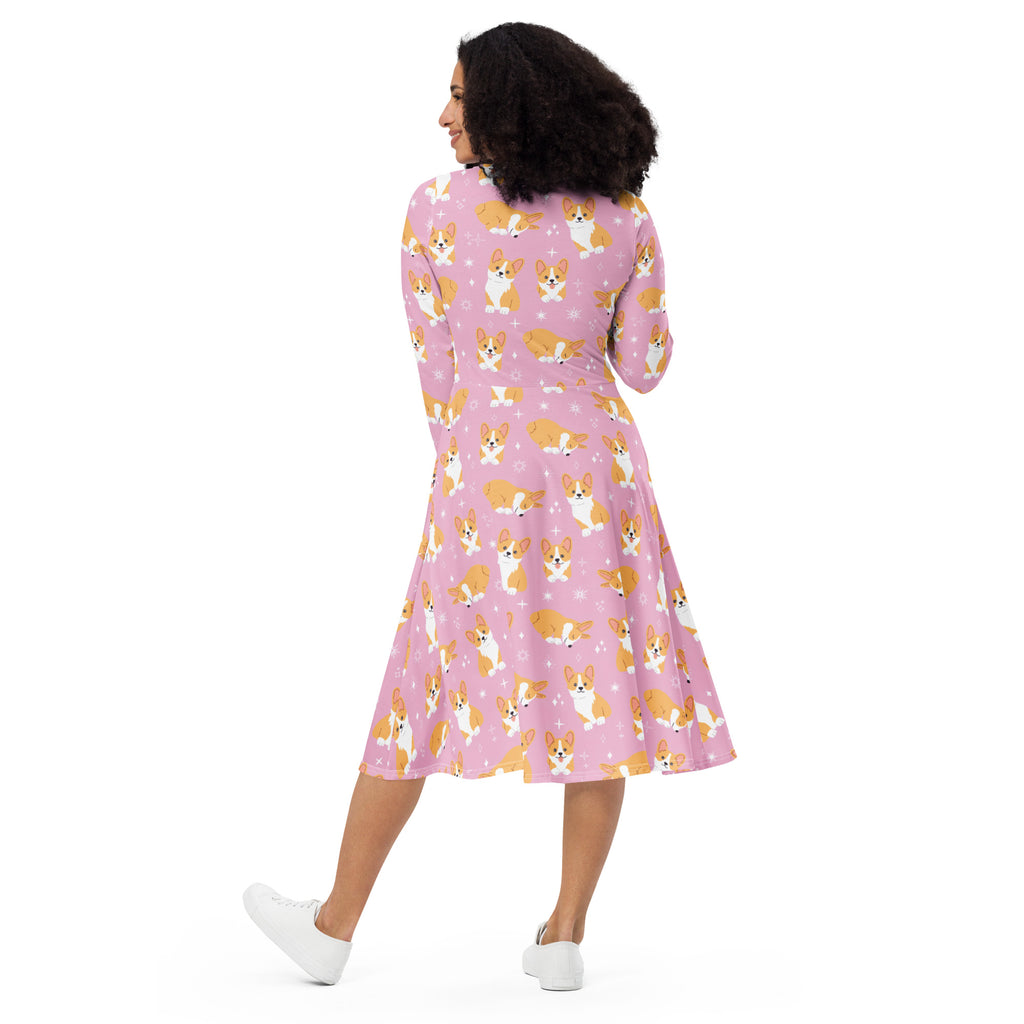 Women's Pink Corgi Dog Long Sleeve Midi Dress With Pockets