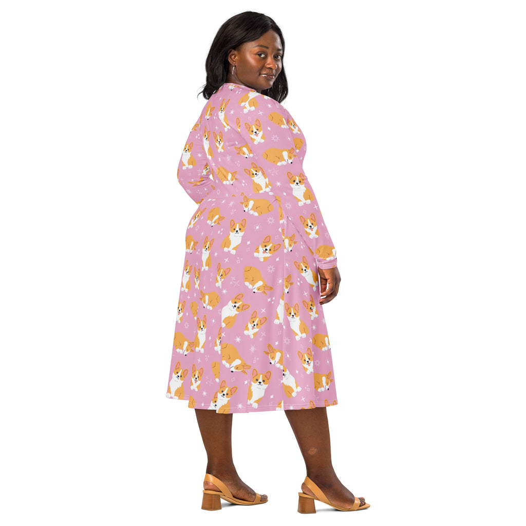 Women's Pink Corgi Dog Long Sleeve Midi Dress With Pockets