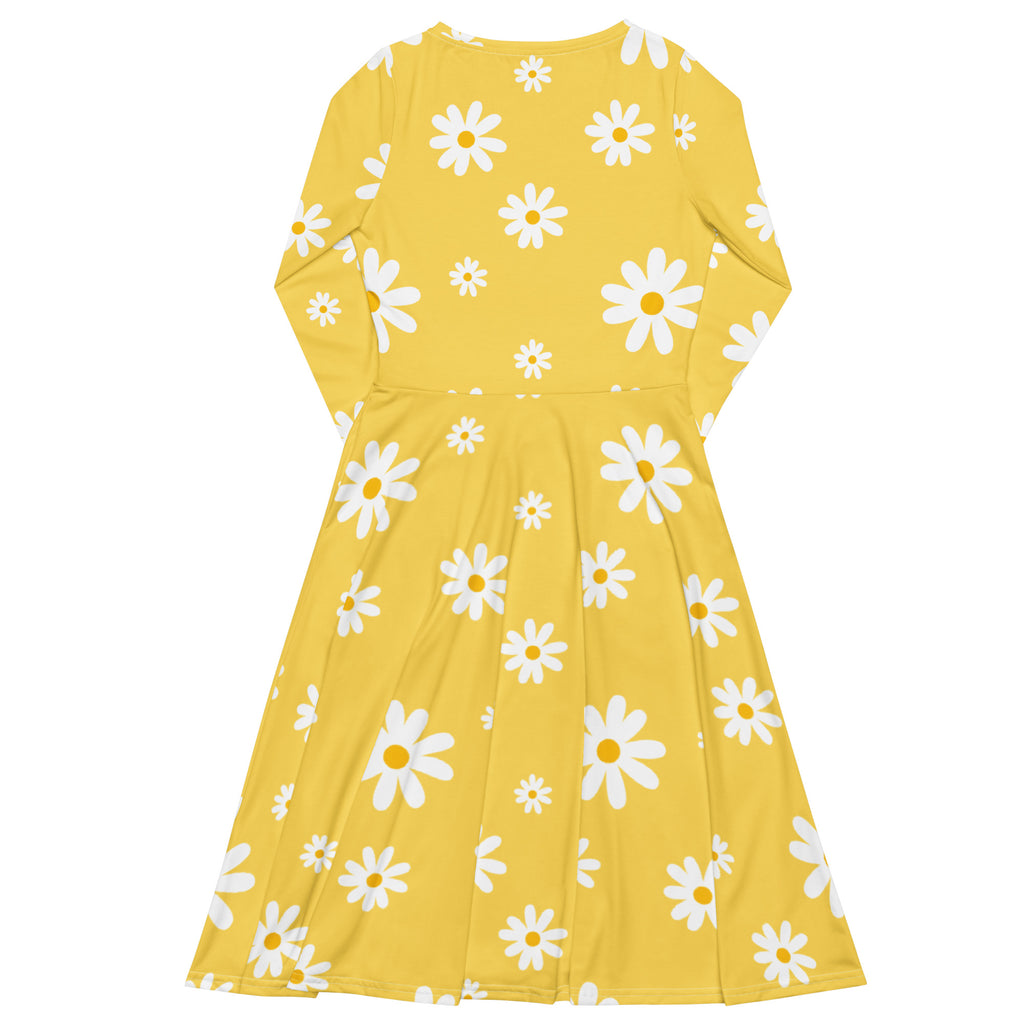Women's Yellow Daisy Long Sleeve Midi Dress With Pockets