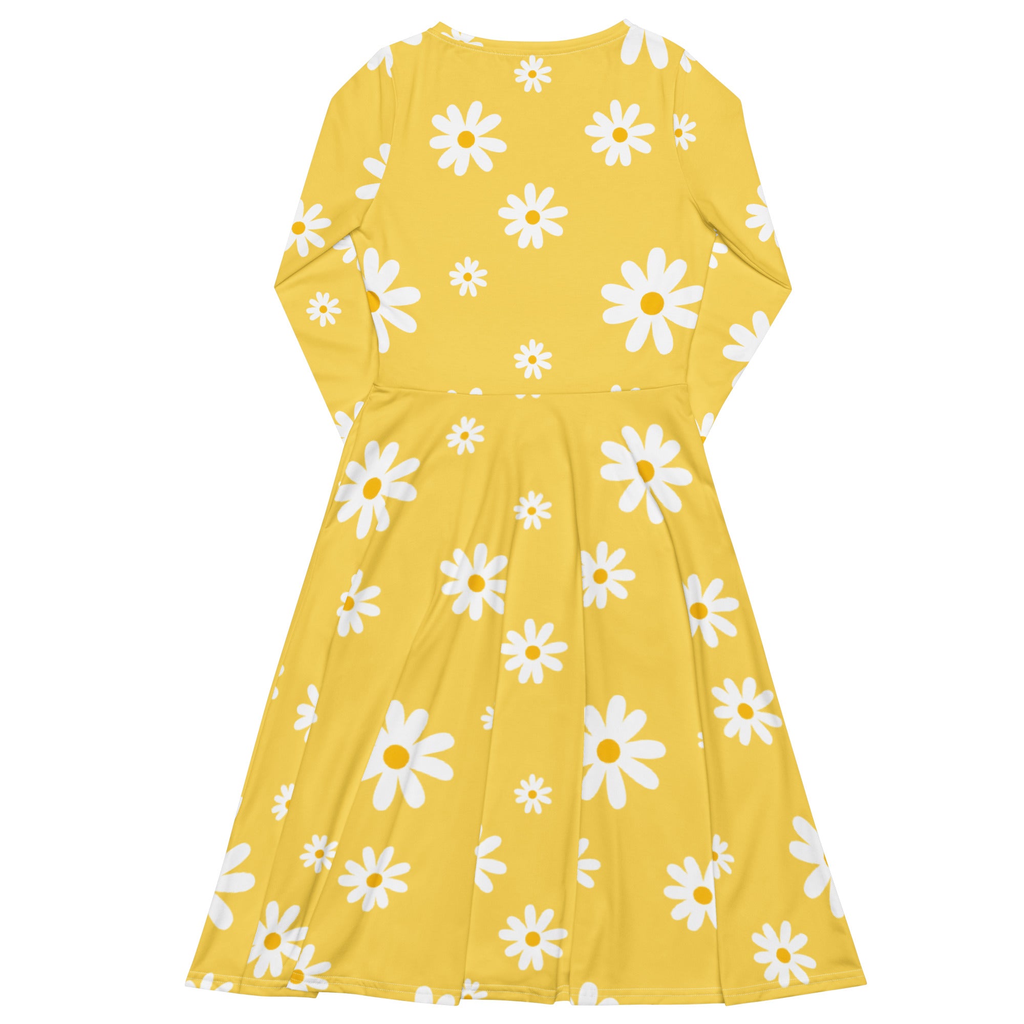 Women's Yellow Daisy Long Sleeve Midi Dress With Pockets