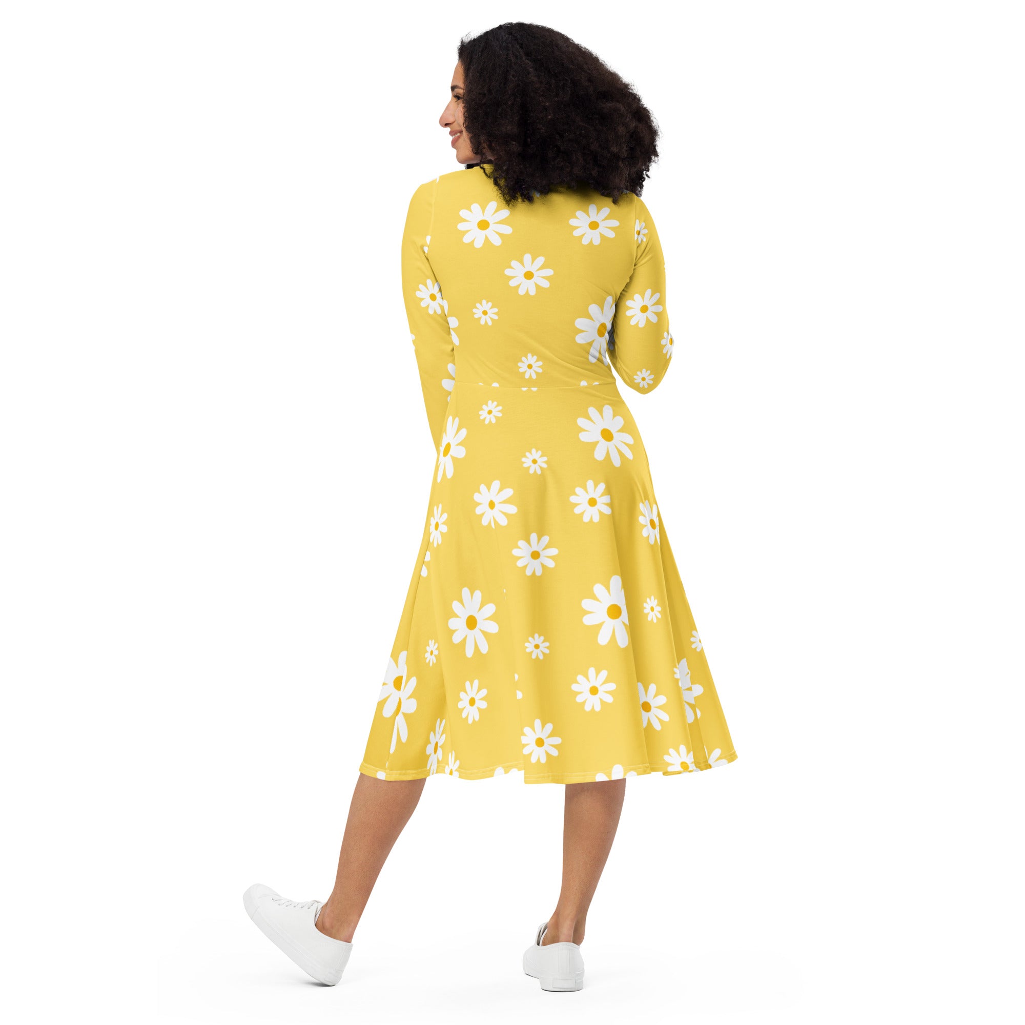 Women's Yellow Daisy Long Sleeve Midi Dress With Pockets
