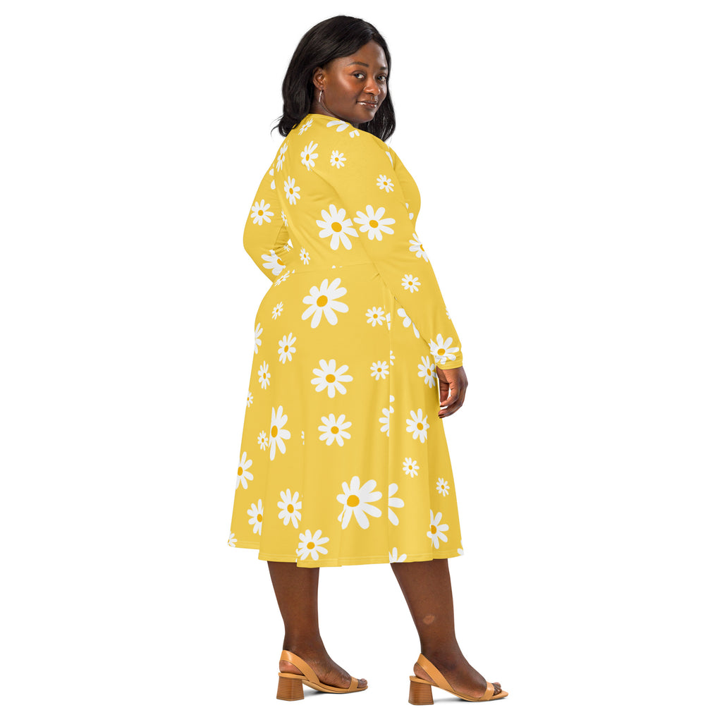 Women's Yellow Daisy Long Sleeve Midi Dress With Pockets