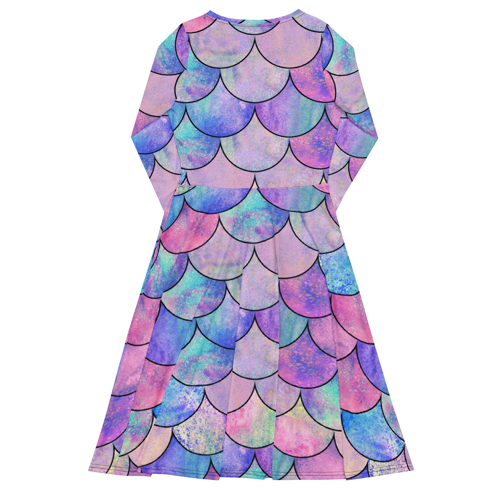 Women's Pastel Mermaid Long Sleeve Midi Dress With Pockets