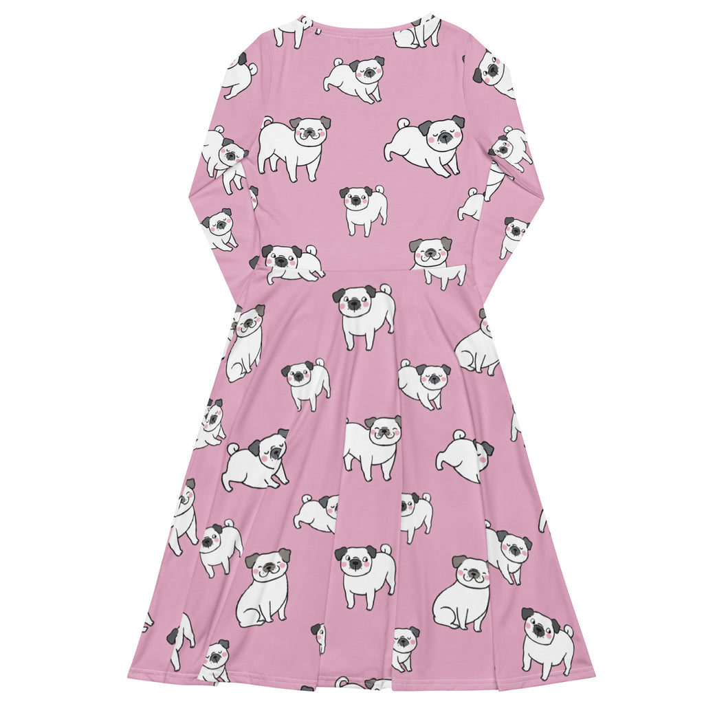 Women’s pink long sleeve midi dress with pockets featuring a playful white pug pattern with black ears and noses