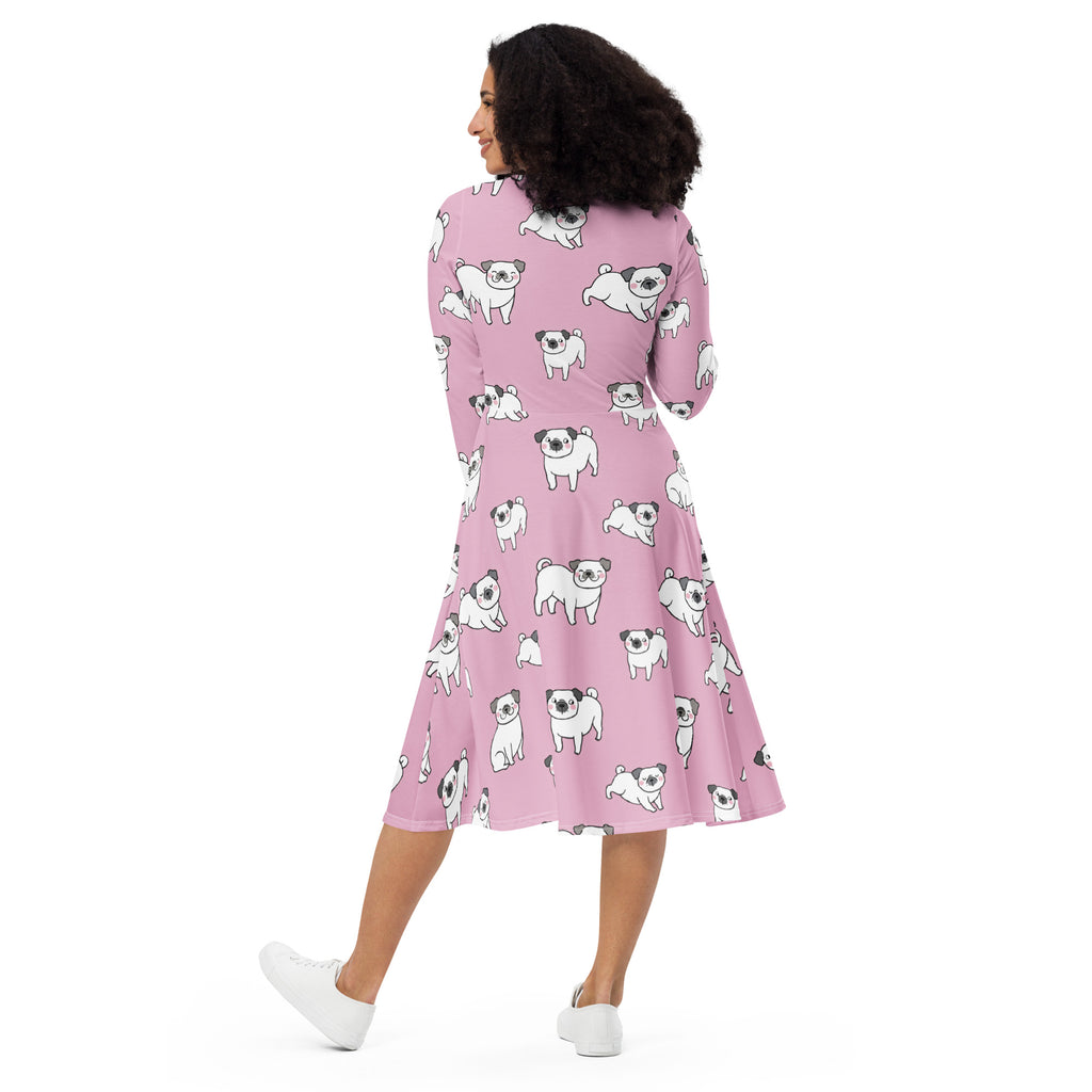 Pink long sleeve midi dress with pug pattern flared skirt and pockets for women casual wear