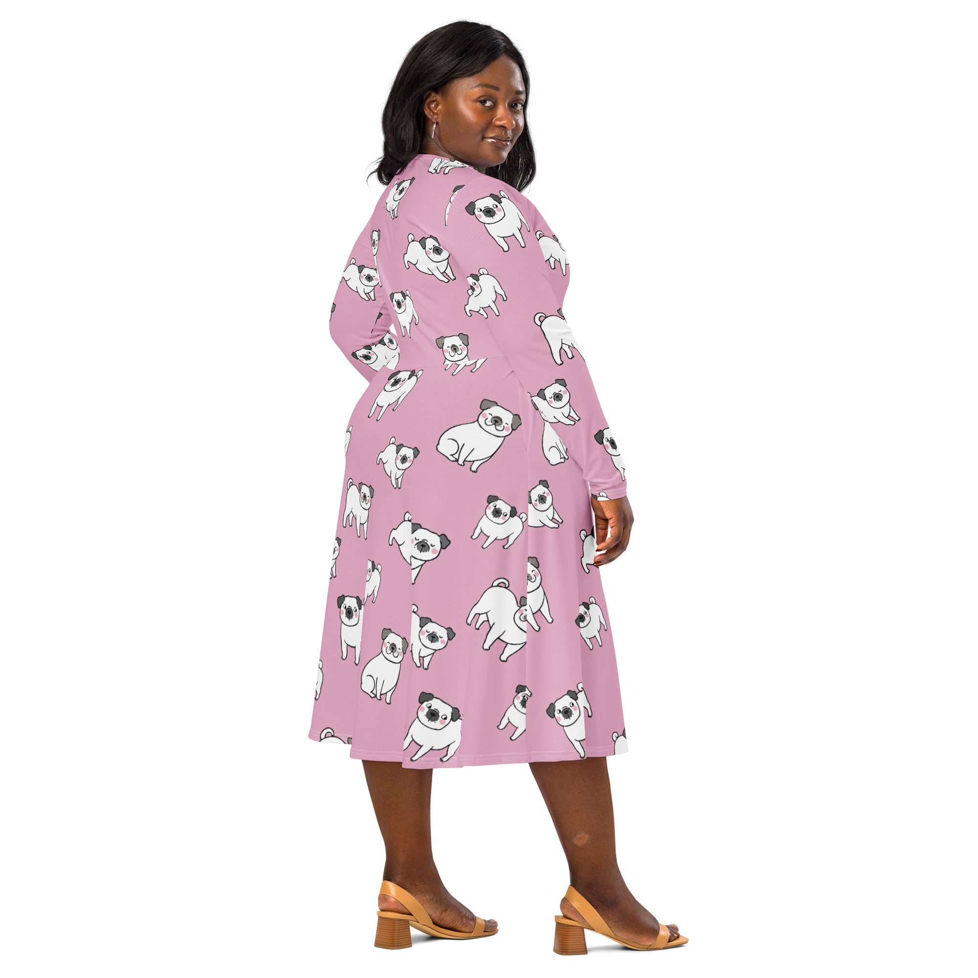 Women’s pink long sleeve midi dress with pockets featuring a playful white cartoon pug pattern on plus-size fabric