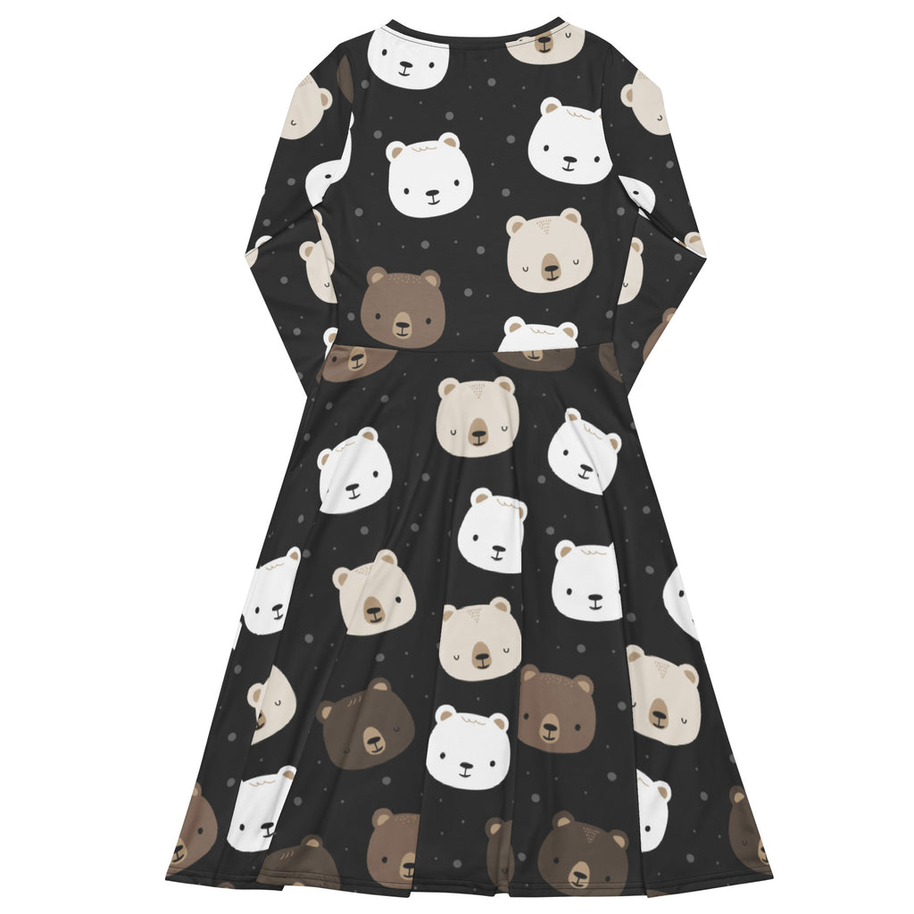 Women’s black long-sleeve midi dress with playful white beige and brown bear face pattern and pockets