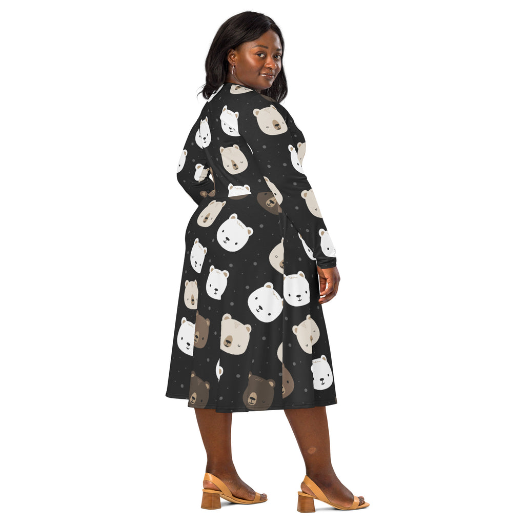 Black plus-size wrap midi dress with long sleeves and pockets featuring playful white beige and brown bear face pattern