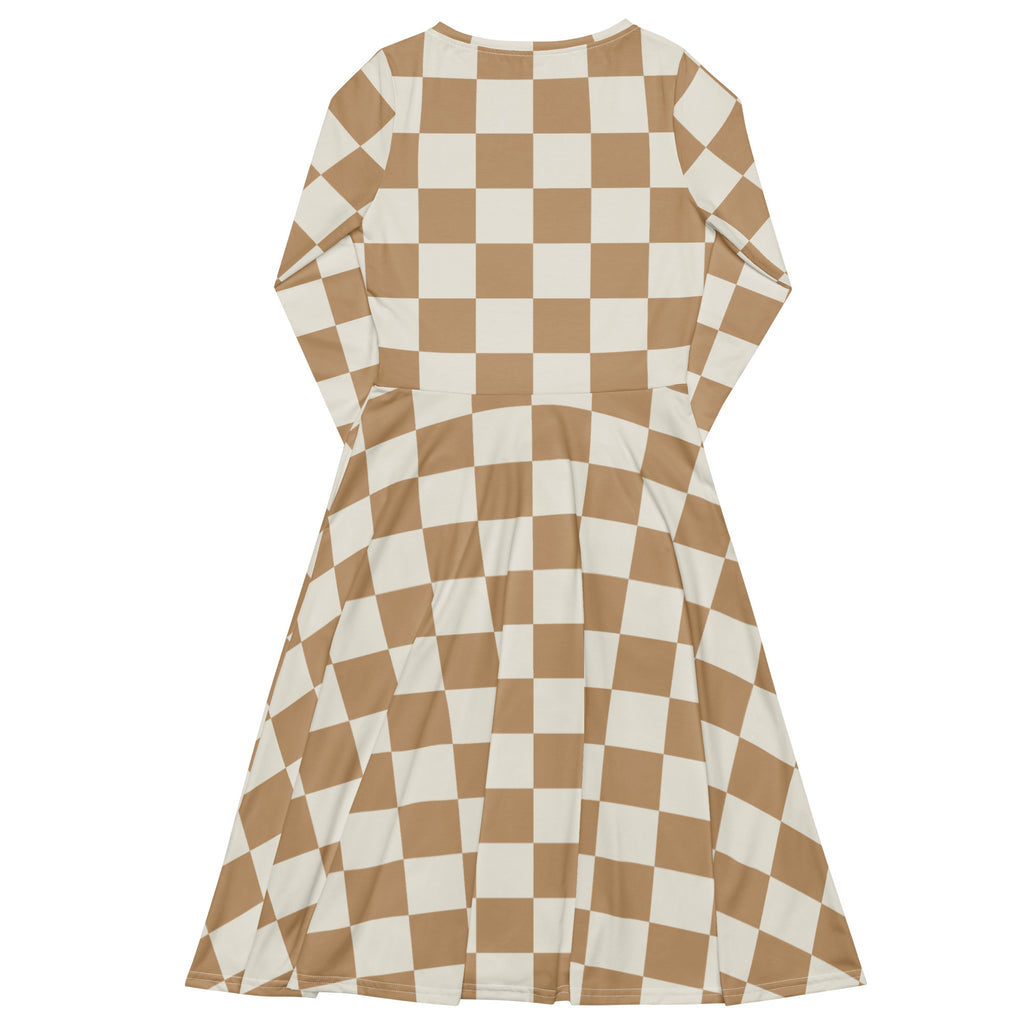 Women’s tan checkerboard long sleeve midi dress with pockets in a flared silhouette suitable for casual wear