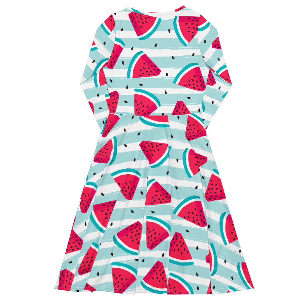 Women’s long sleeve midi dress with pockets features vibrant watermelon slice pattern on light blue and white stripes